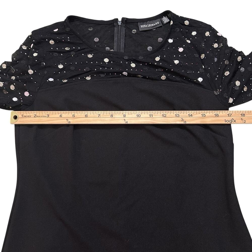 Nina Leonard Sz S Dress Black Crepe Midi Beaded Sheer Short Sleeve Round Neck - Picture 11 of 14